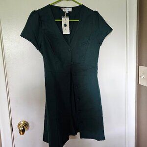Dark Green V Neck Button Front Cute Short Dress